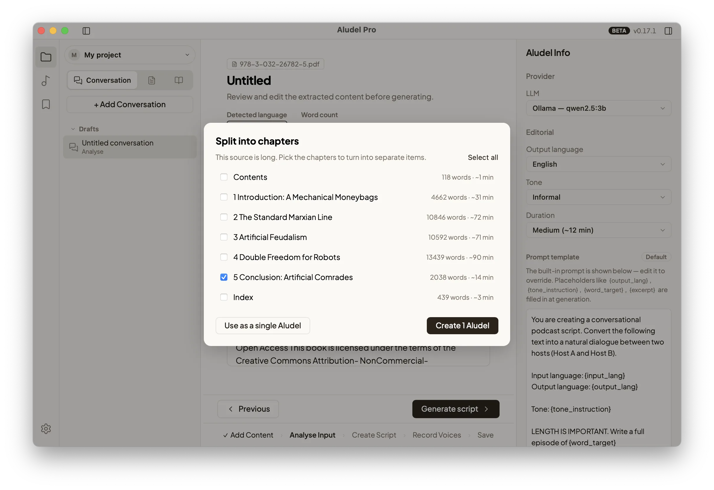 Chapter selection dialog in Aludel