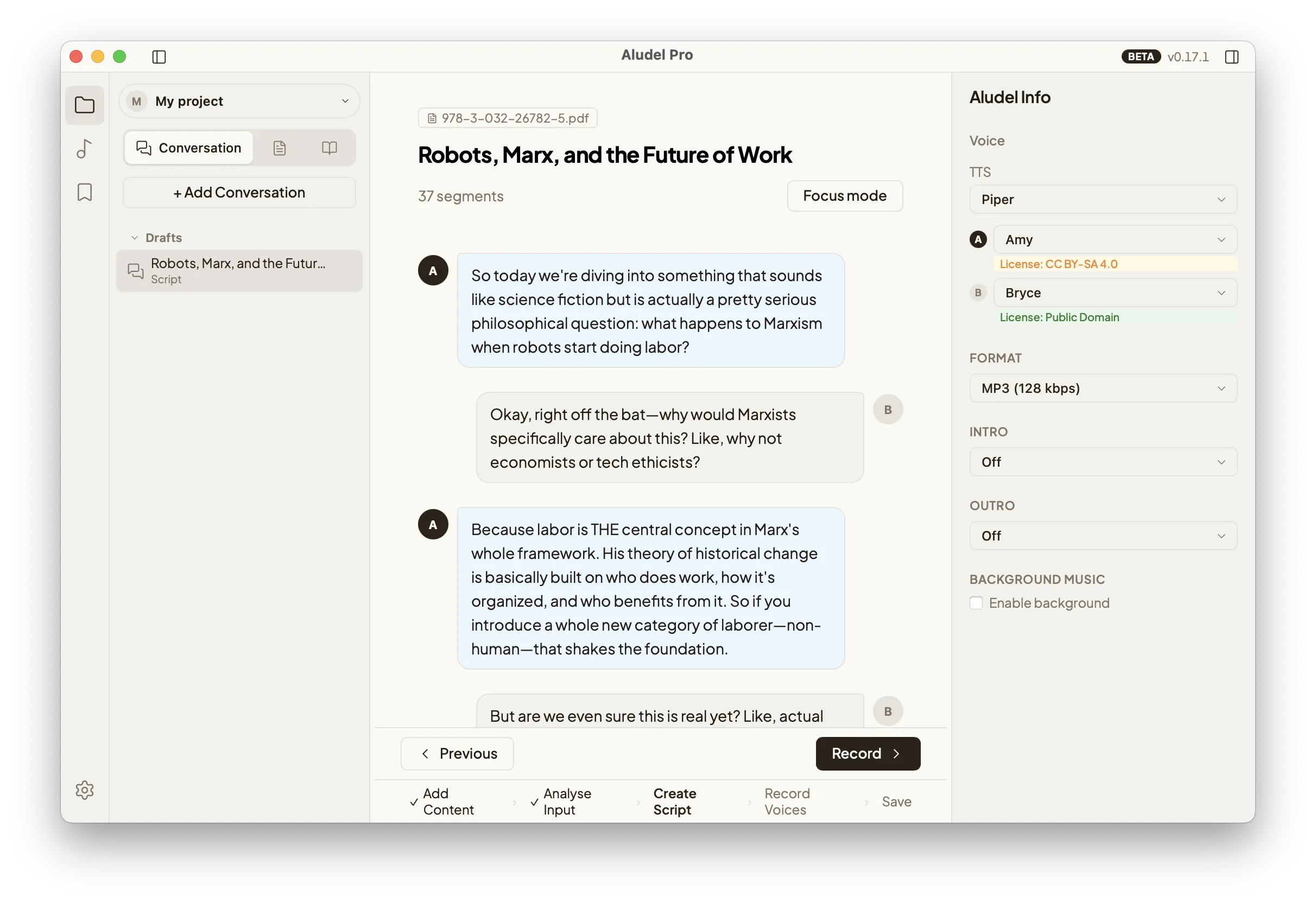 Script editor showing an editable two-voice dialogue