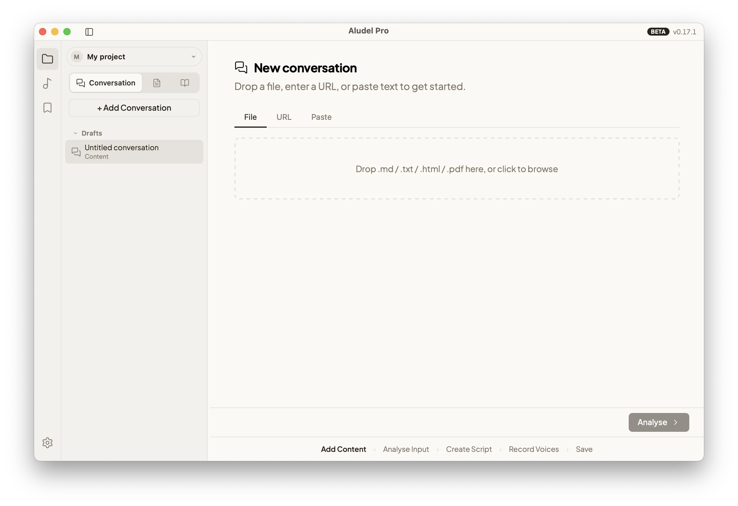 Aludel's import window with a file drop zone
