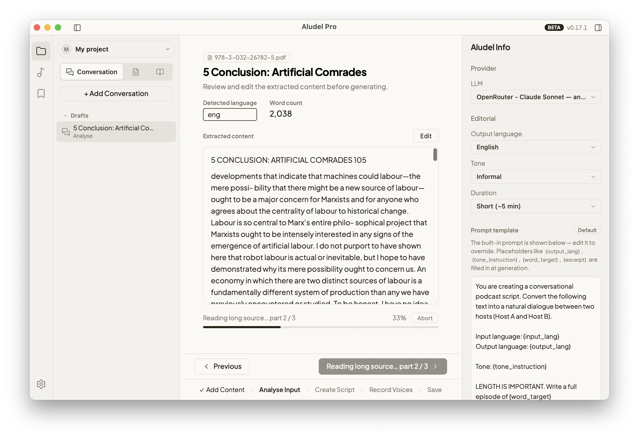 Text normalization panel in Aludel