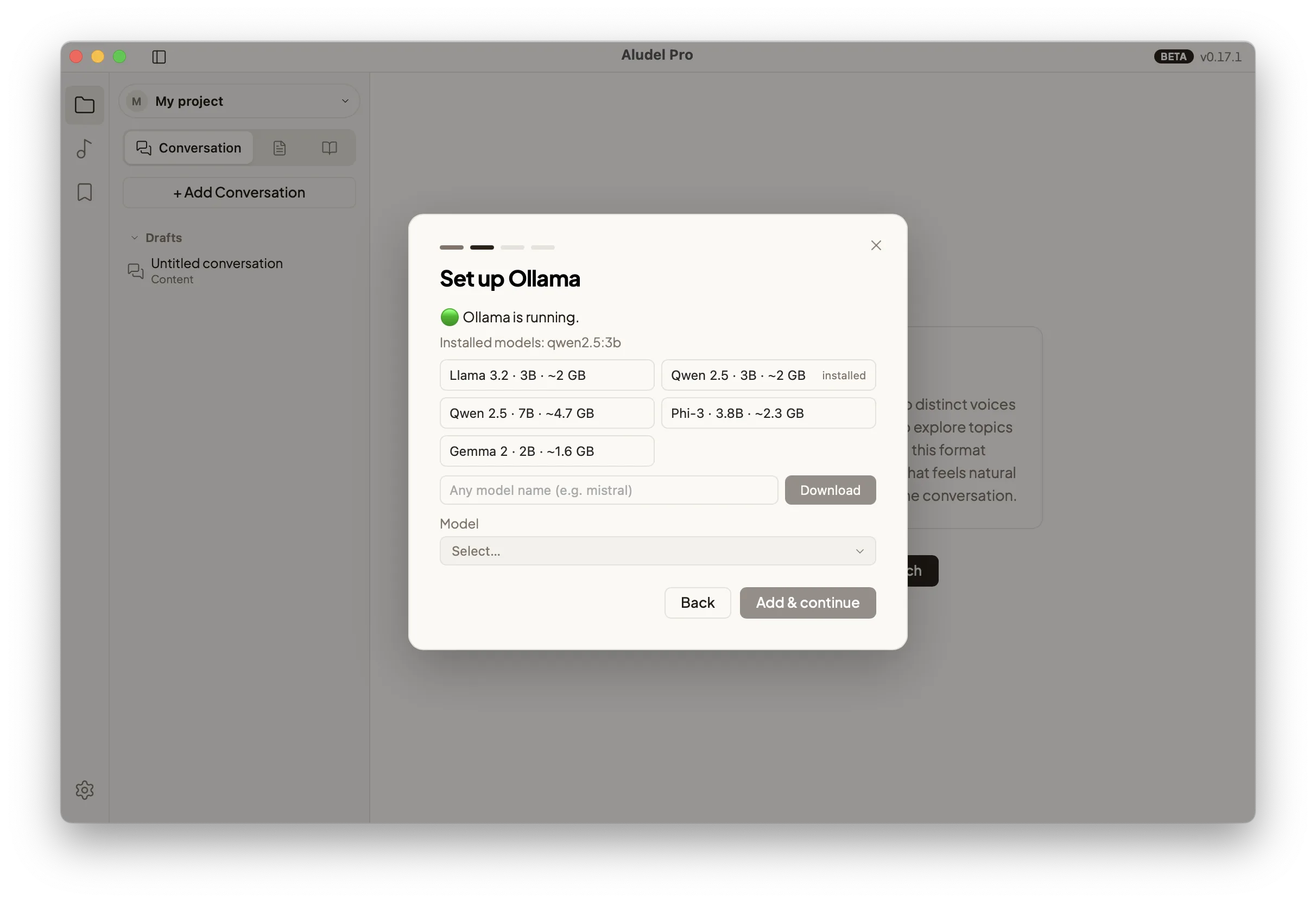 Ollama setup for offline use in Aludel
