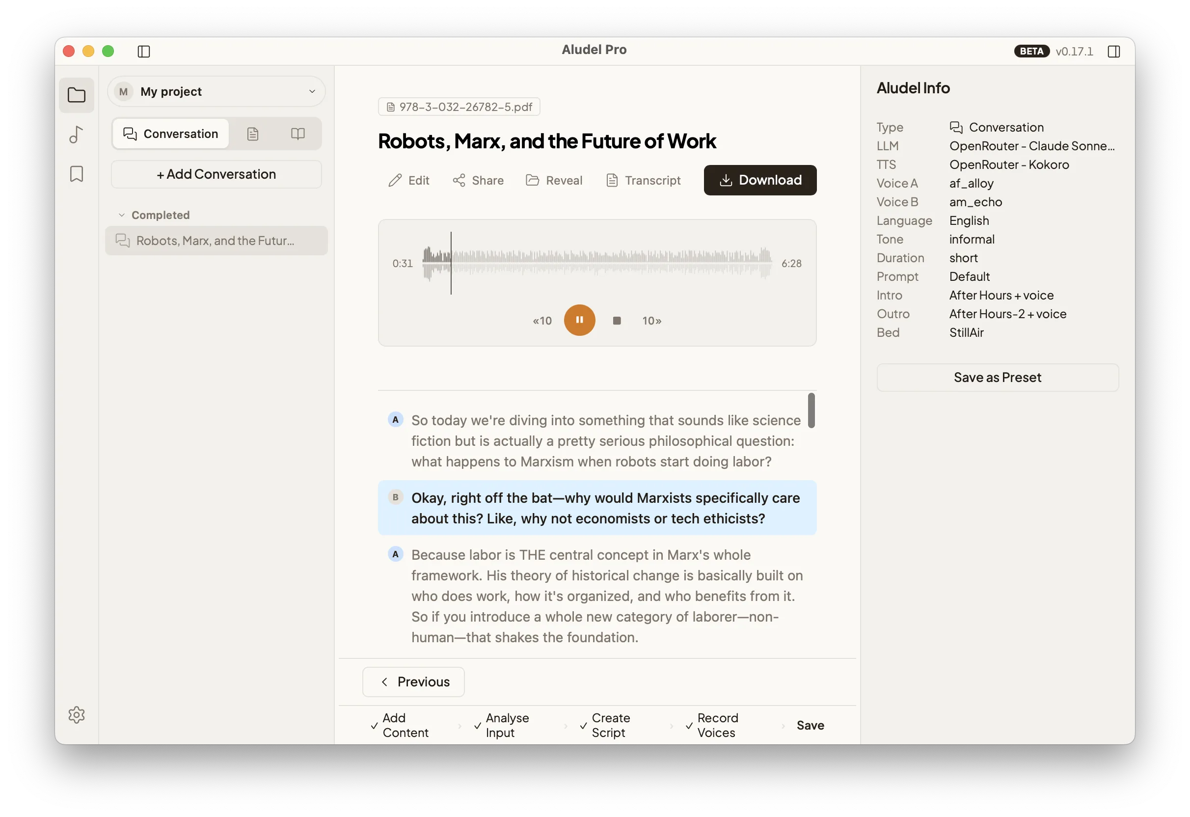Aludel player with synchronized waveform and transcript