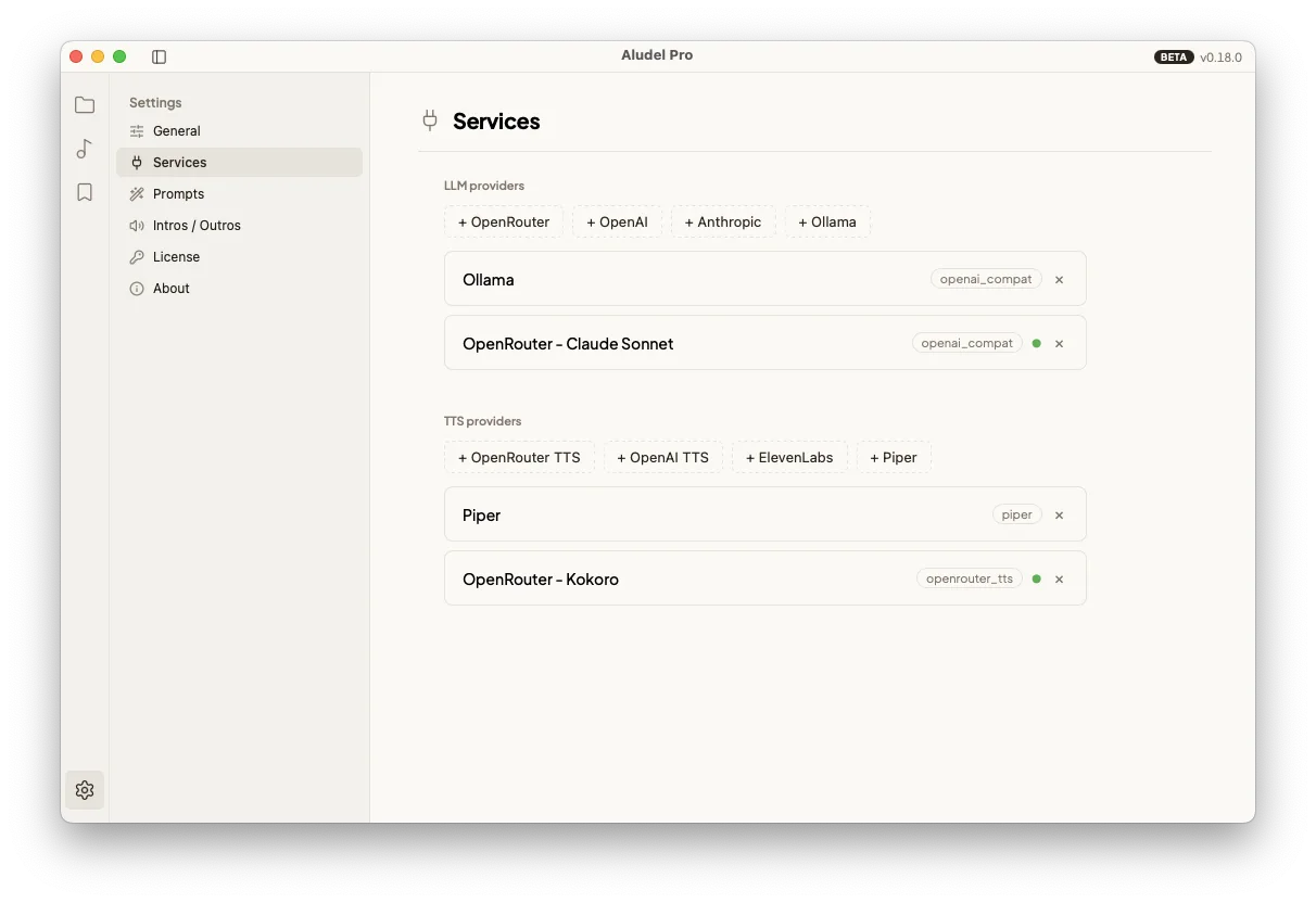Services settings panel in Aludel